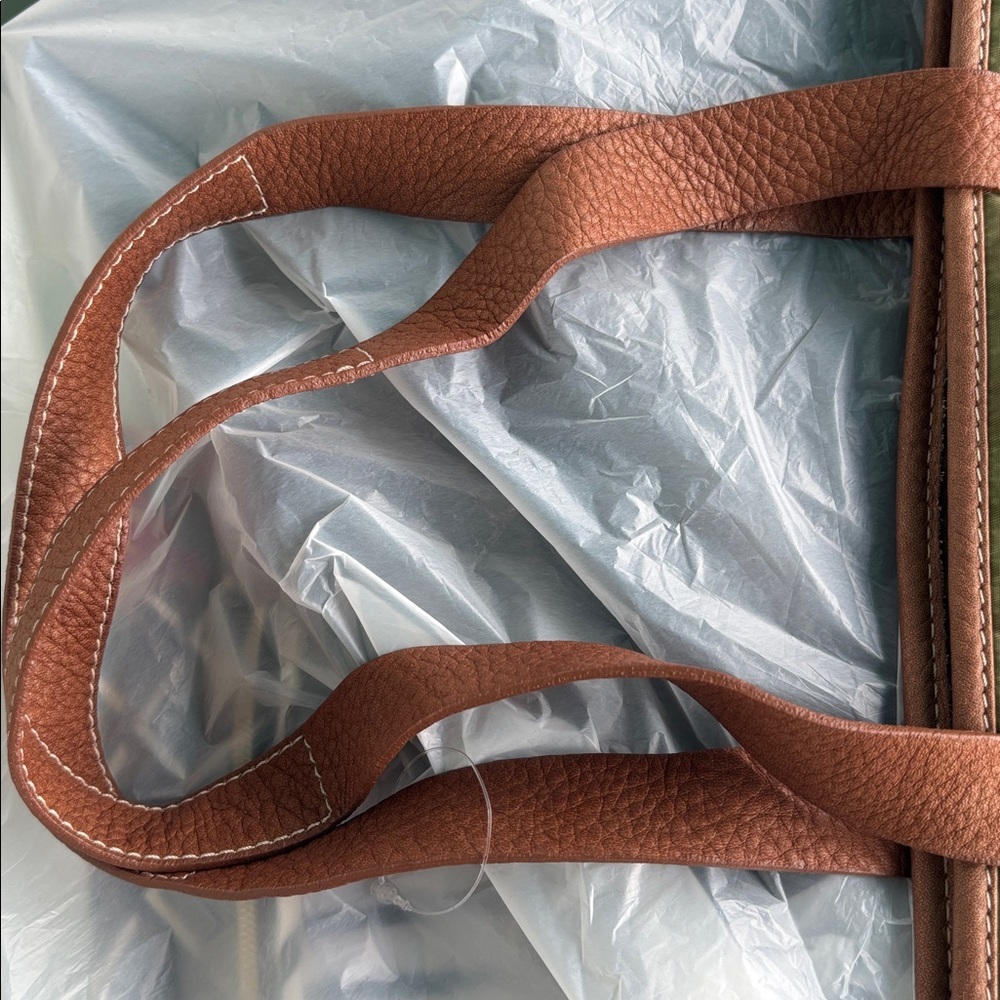 COCCINELLE BRAND MADE IN ITALY OLIVE GREEN AND BROWN SATIN LIKE CANVAS TOTE BAG - Picture 9 of 12